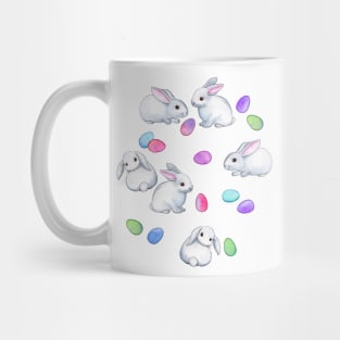 Easter Bunnies with Rainbow Pastel Eggs on white Mug